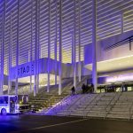 Eclairage et scénographie parvis du stade atlantique bordeaux métropole, prestation audiovisuelle pour les 100 ans du groupe Bacqueyrisses